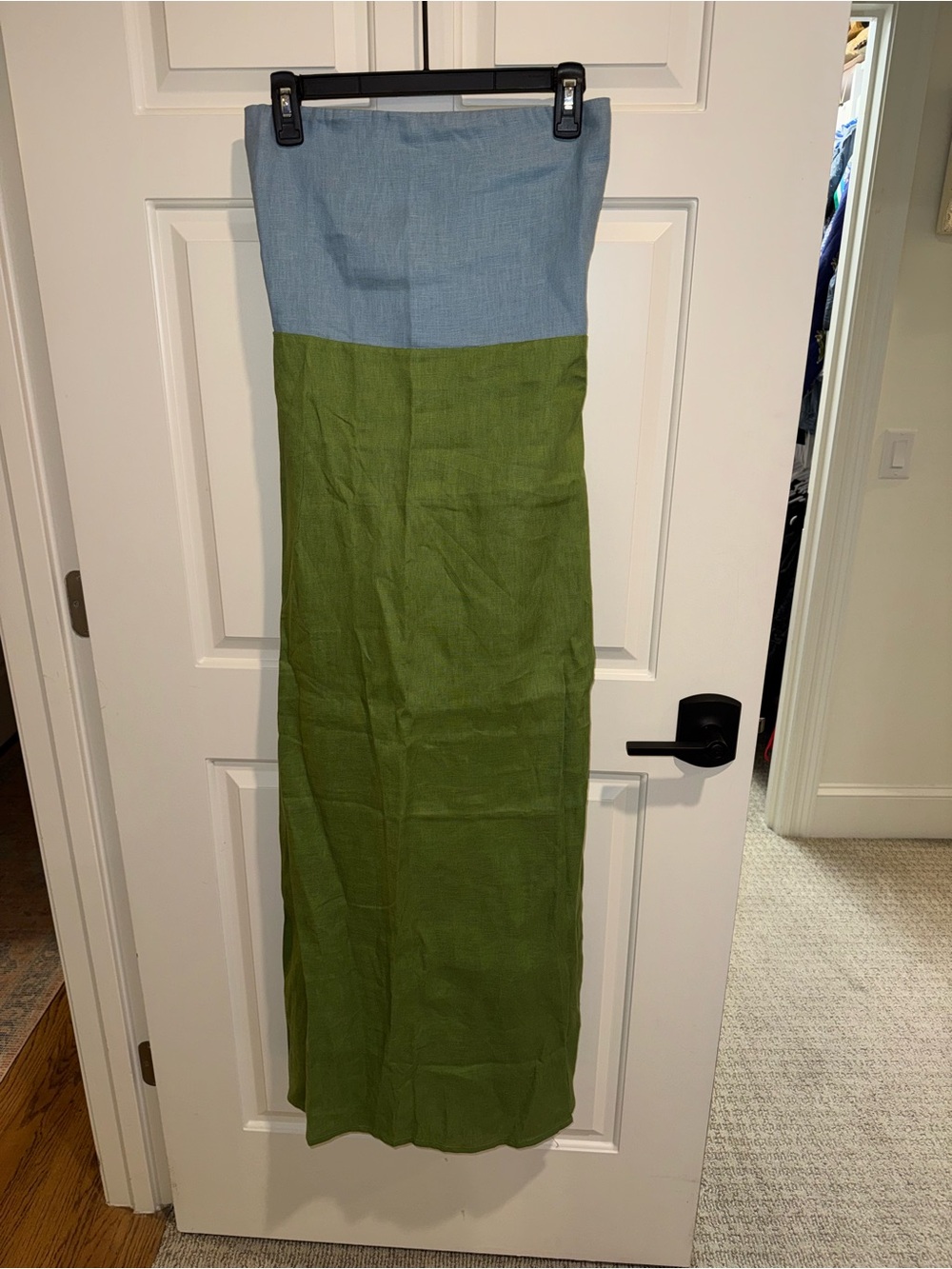 Karlie Strapless Two-Tone Linen Strapless Maxi Dress in Light Blue and Olive NWT